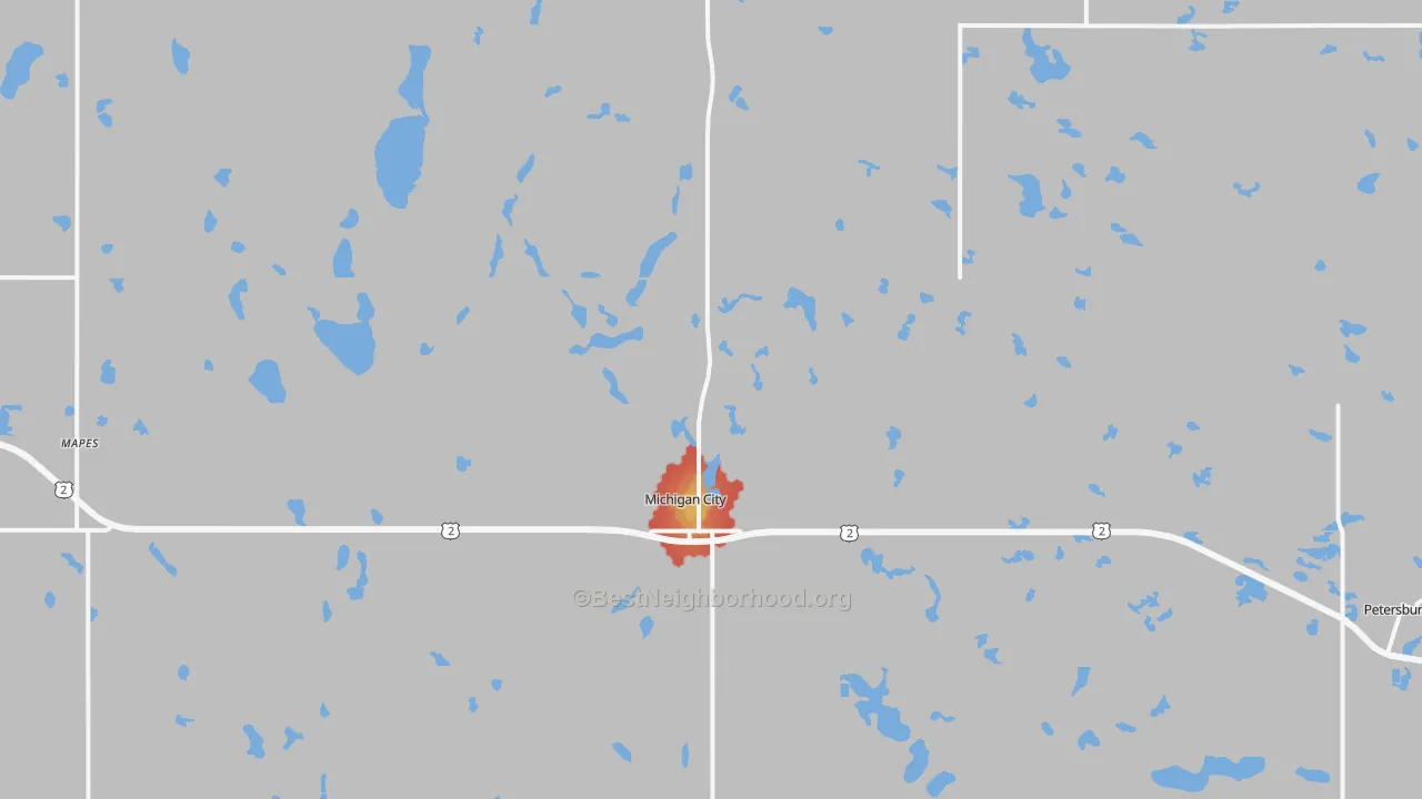 Walk Grade map of 58259, ND, walkable areas in green and car-dependent areas in red