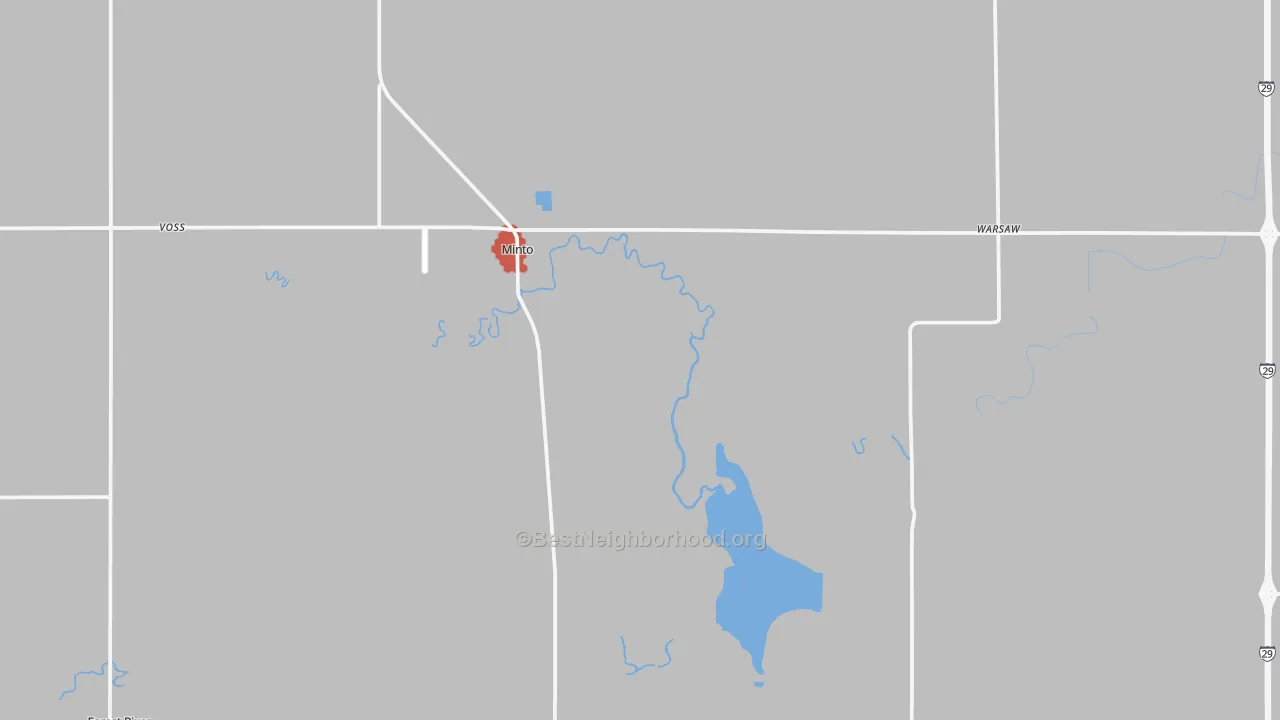 Walk Grade map of 58261, ND, walkable areas in green and car-dependent areas in red