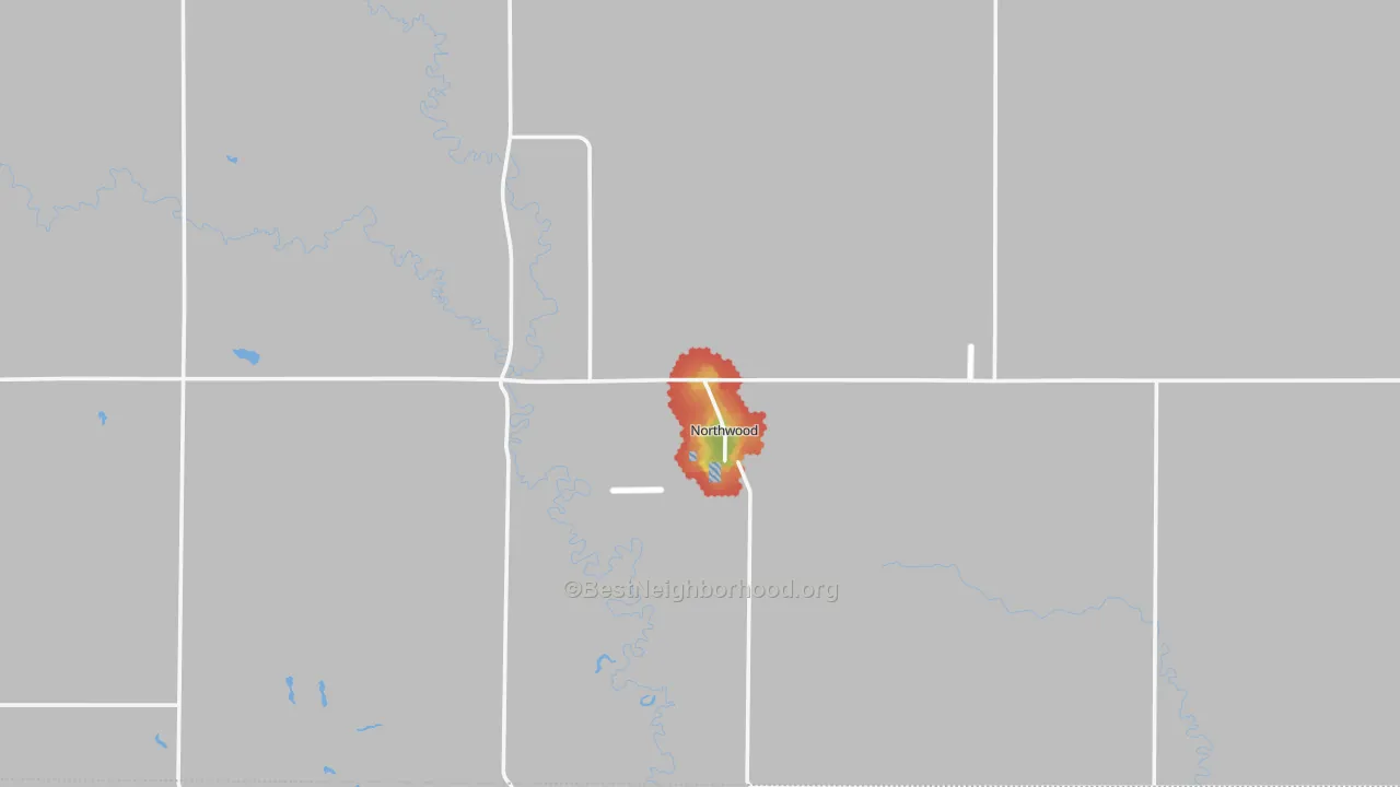 Walk Grade map of 58267, ND, walkable areas in green and car-dependent areas in red