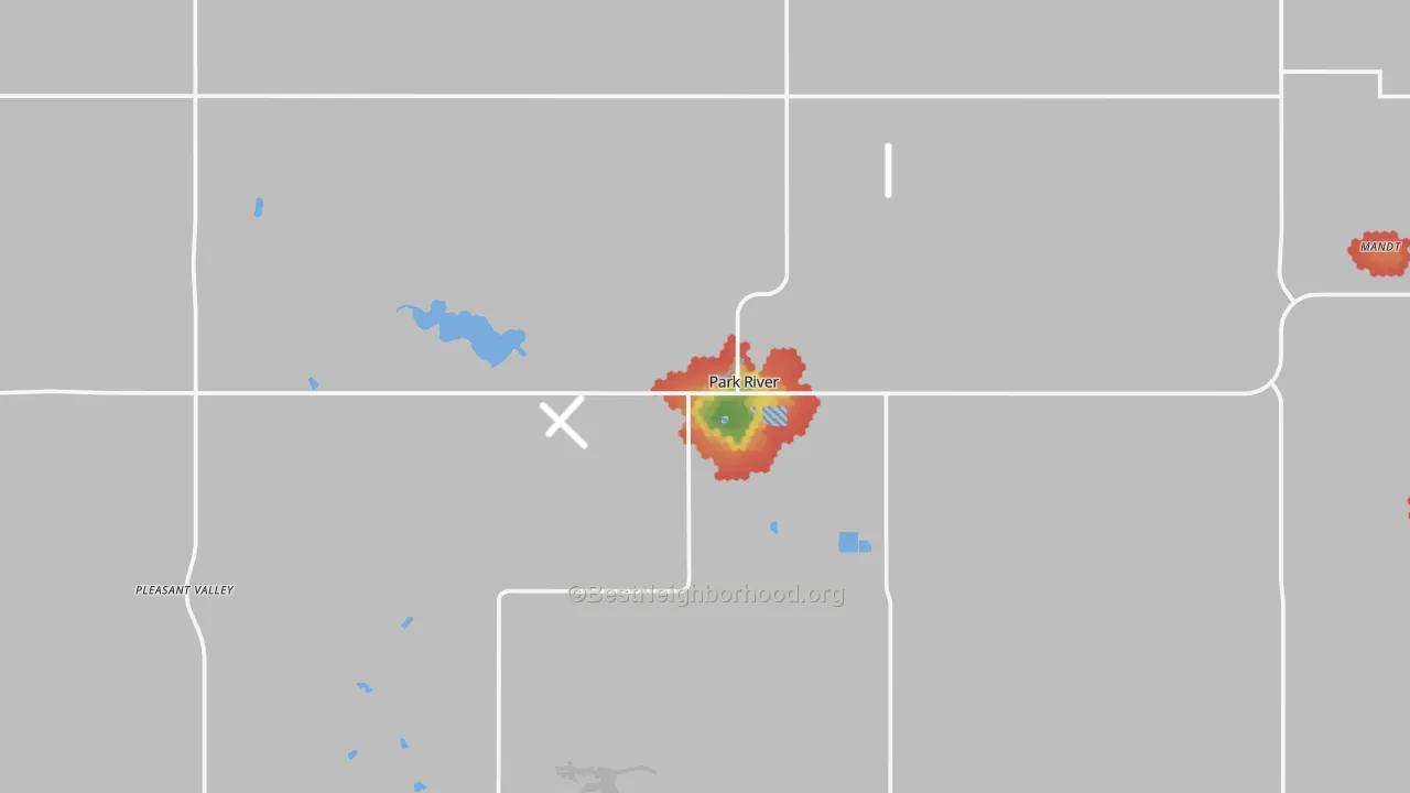 Walk Grade map of 58270, ND, walkable areas in green and car-dependent areas in red