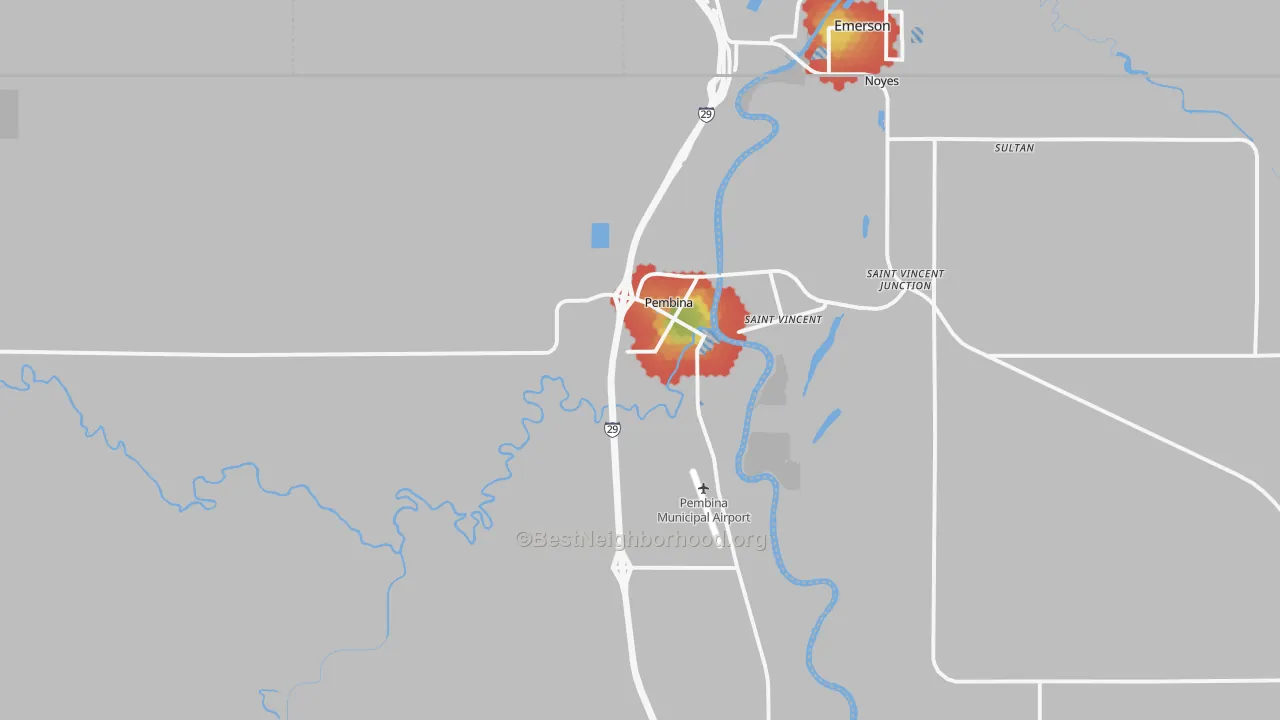 Walk Grade map of 58271, ND, walkable areas in green and car-dependent areas in red