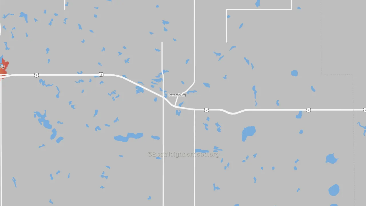 Walk Grade map of 58272, ND, walkable areas in green and car-dependent areas in red