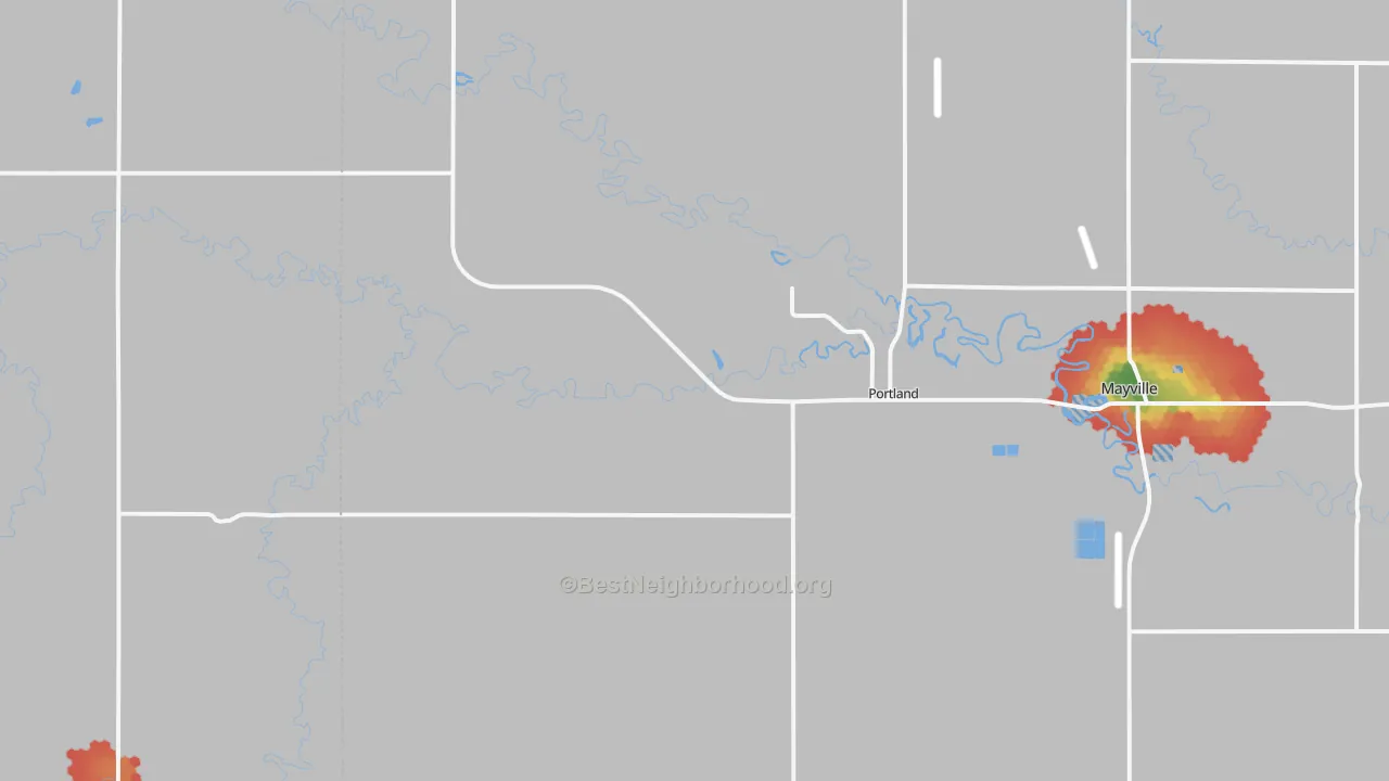 Walk Grade map of 58274, ND, walkable areas in green and car-dependent areas in red
