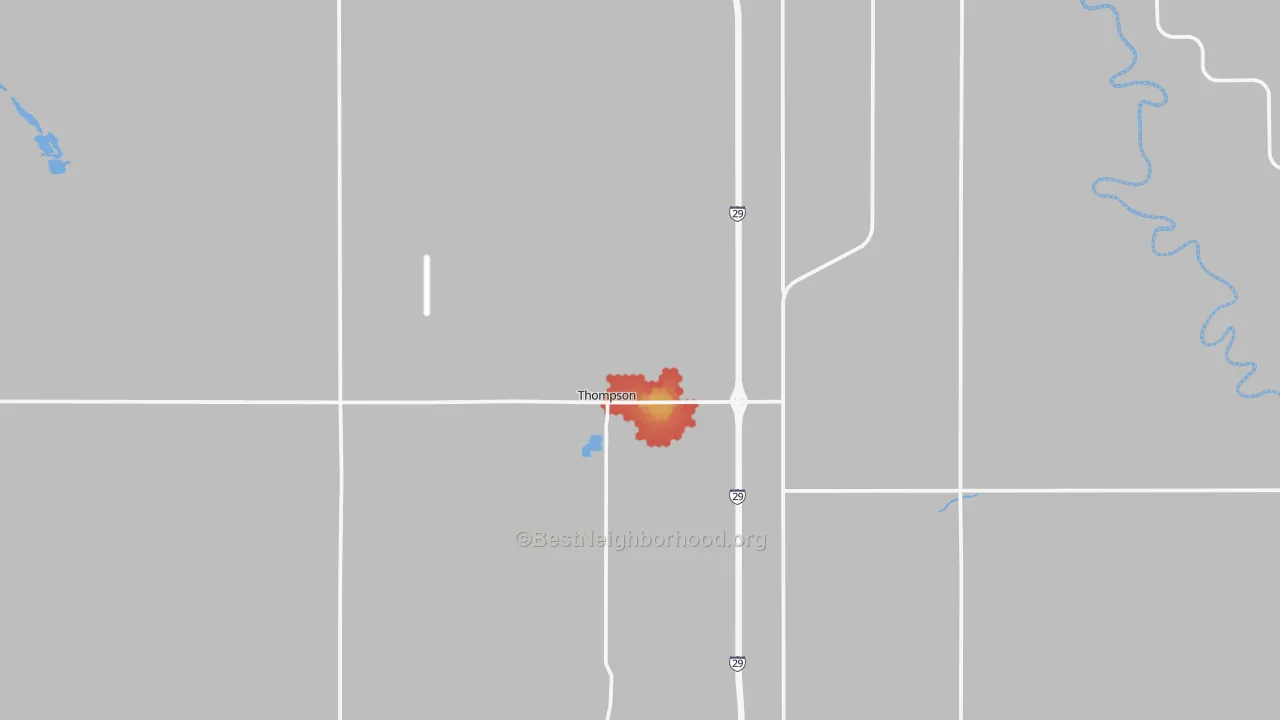 Walk Grade map of 58278, ND, walkable areas in green and car-dependent areas in red