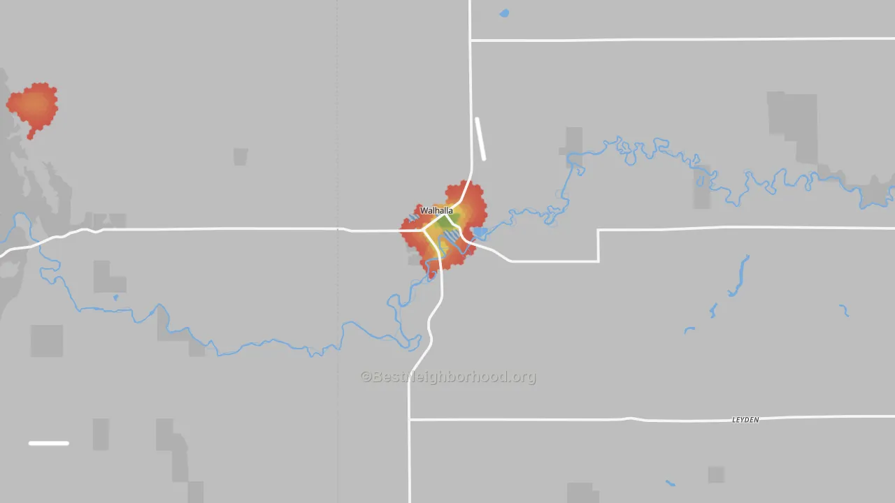 Walk Grade map of 58282, ND, walkable areas in green and car-dependent areas in red