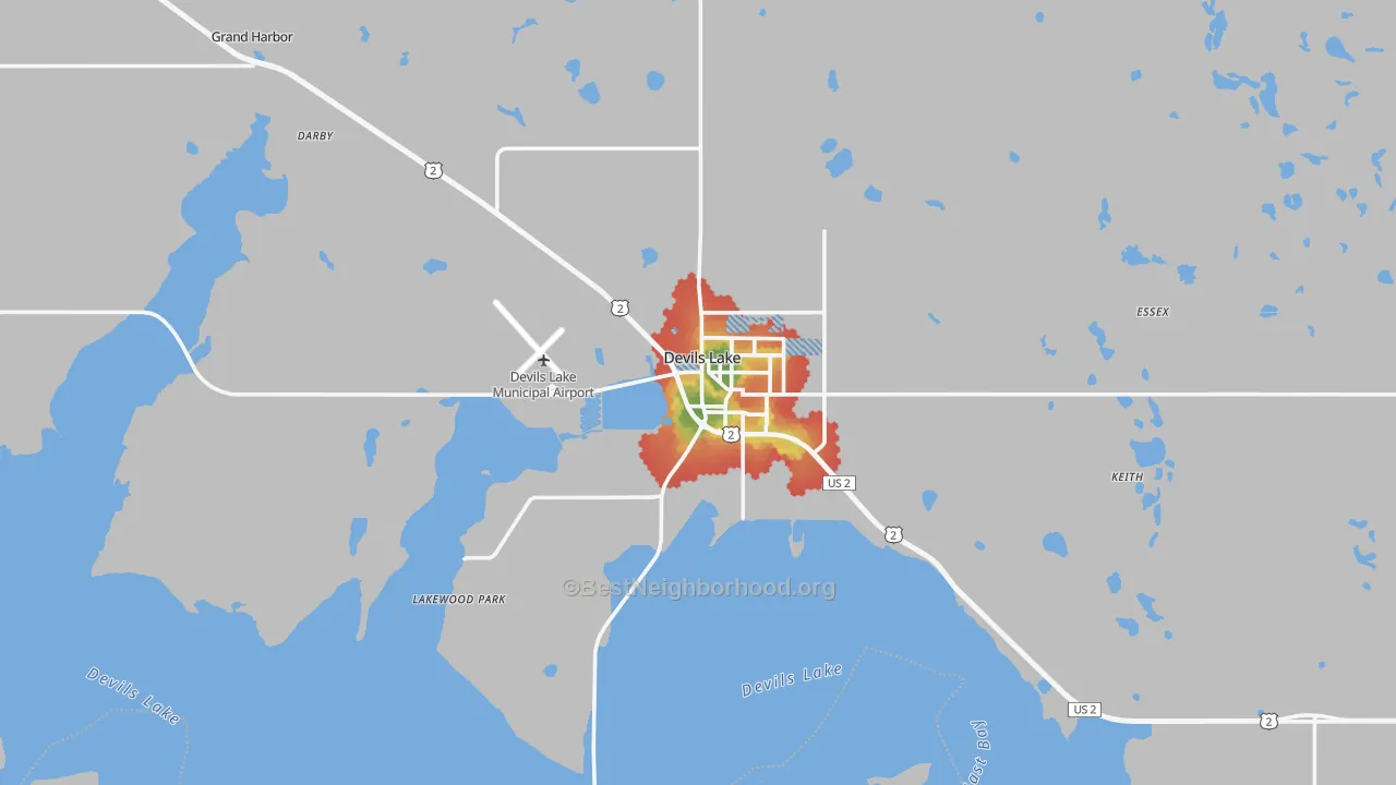 Walk Grade map of 58301, ND, walkable areas in green and car-dependent areas in red