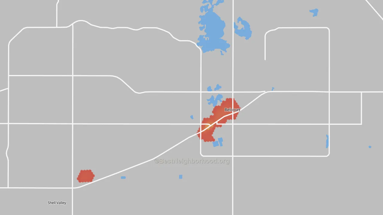 Walk Grade map of 58316, ND, walkable areas in green and car-dependent areas in red