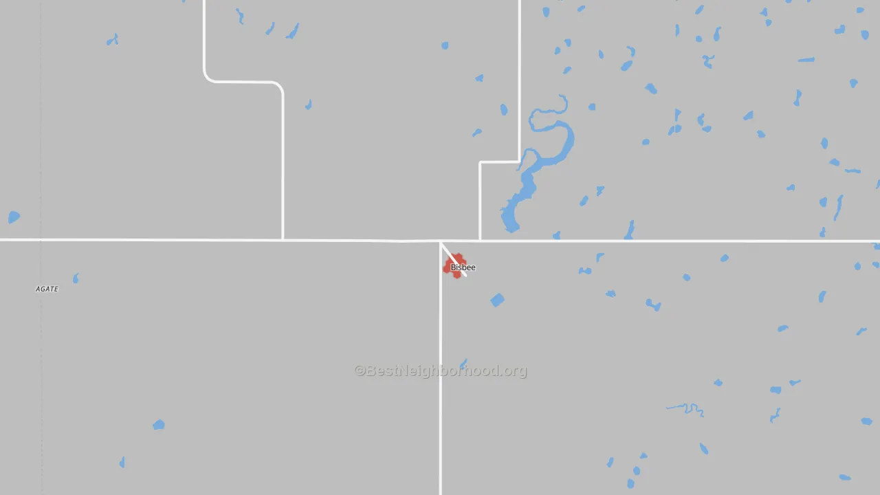 Walk Grade map of 58317, ND, walkable areas in green and car-dependent areas in red