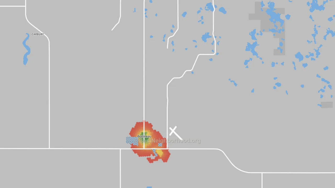 Walk Grade map of 58318, ND, walkable areas in green and car-dependent areas in red