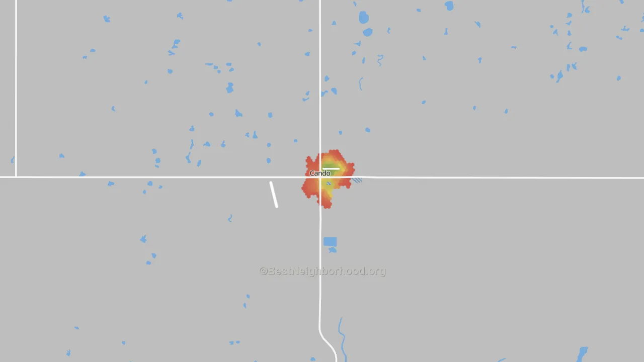 Walk Grade map of 58324, ND, walkable areas in green and car-dependent areas in red