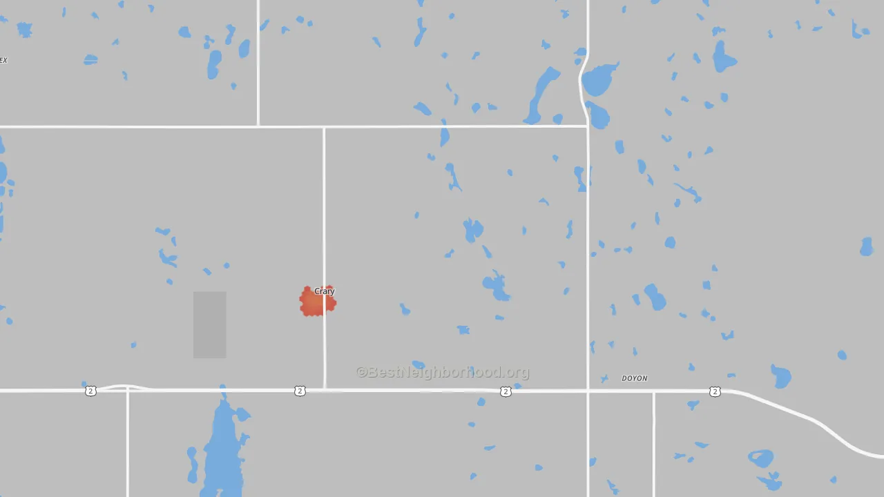 Walk Grade map of 58327, ND, walkable areas in green and car-dependent areas in red