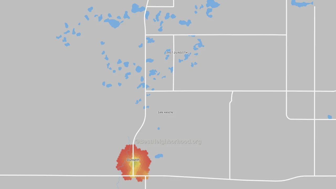 Walk Grade map of 58329, ND, walkable areas in green and car-dependent areas in red