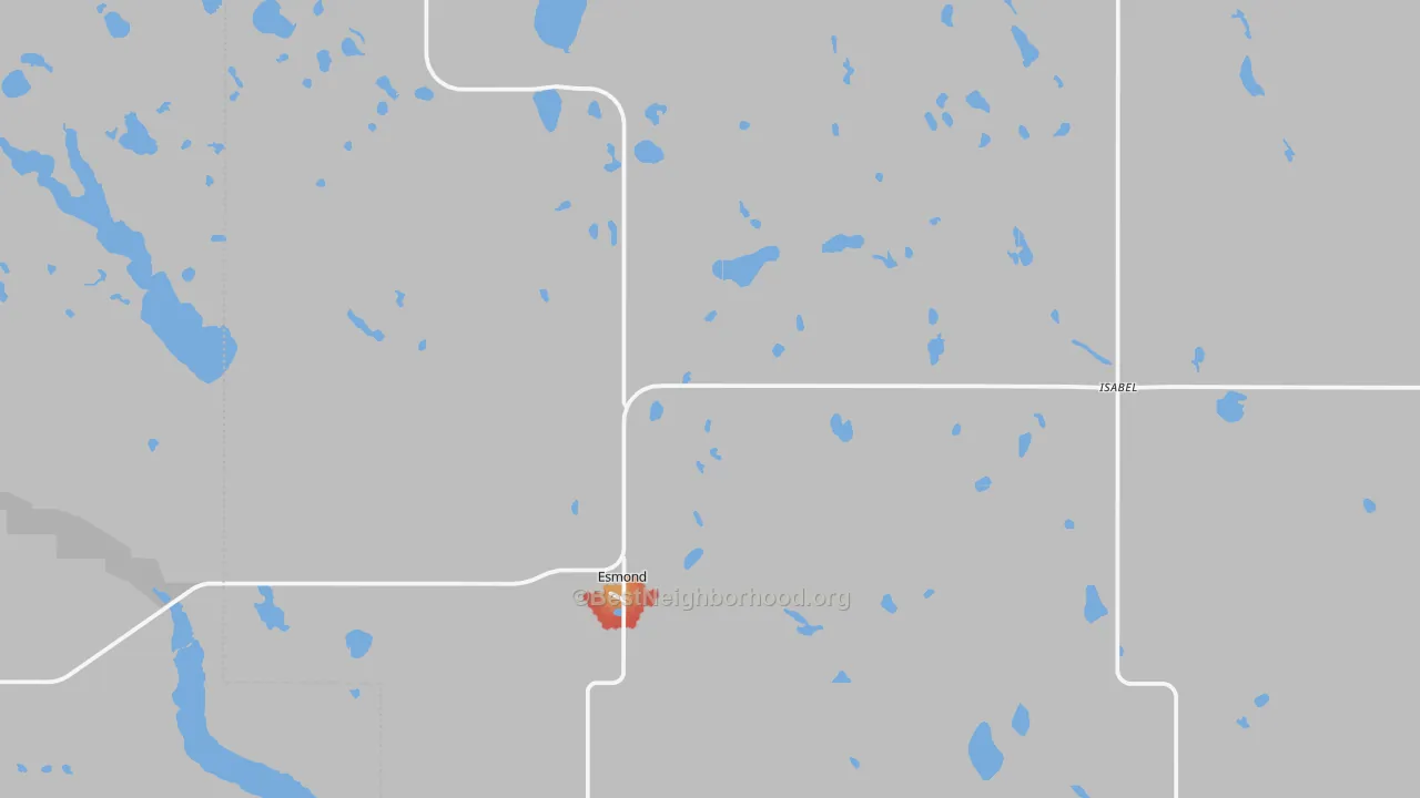 Walk Grade map of 58332, ND, walkable areas in green and car-dependent areas in red