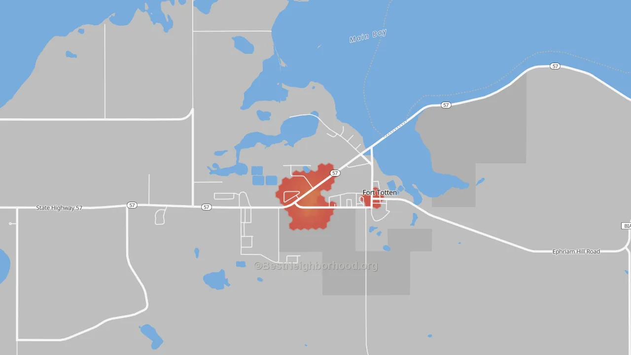 Walk Grade map of 58335, ND, walkable areas in green and car-dependent areas in red