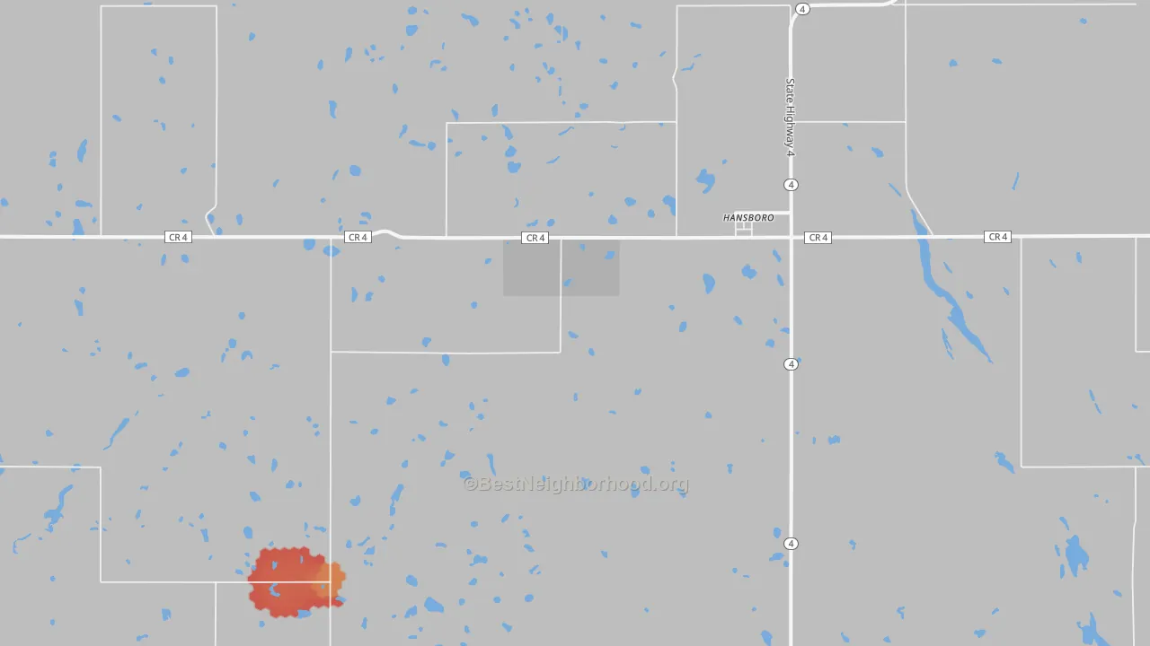 Walk Grade map of 58339, ND, walkable areas in green and car-dependent areas in red