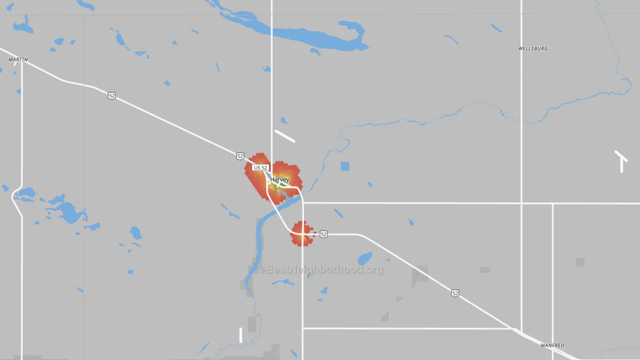 Walk Grade map of 58341, ND, walkable areas in green and car-dependent areas in red