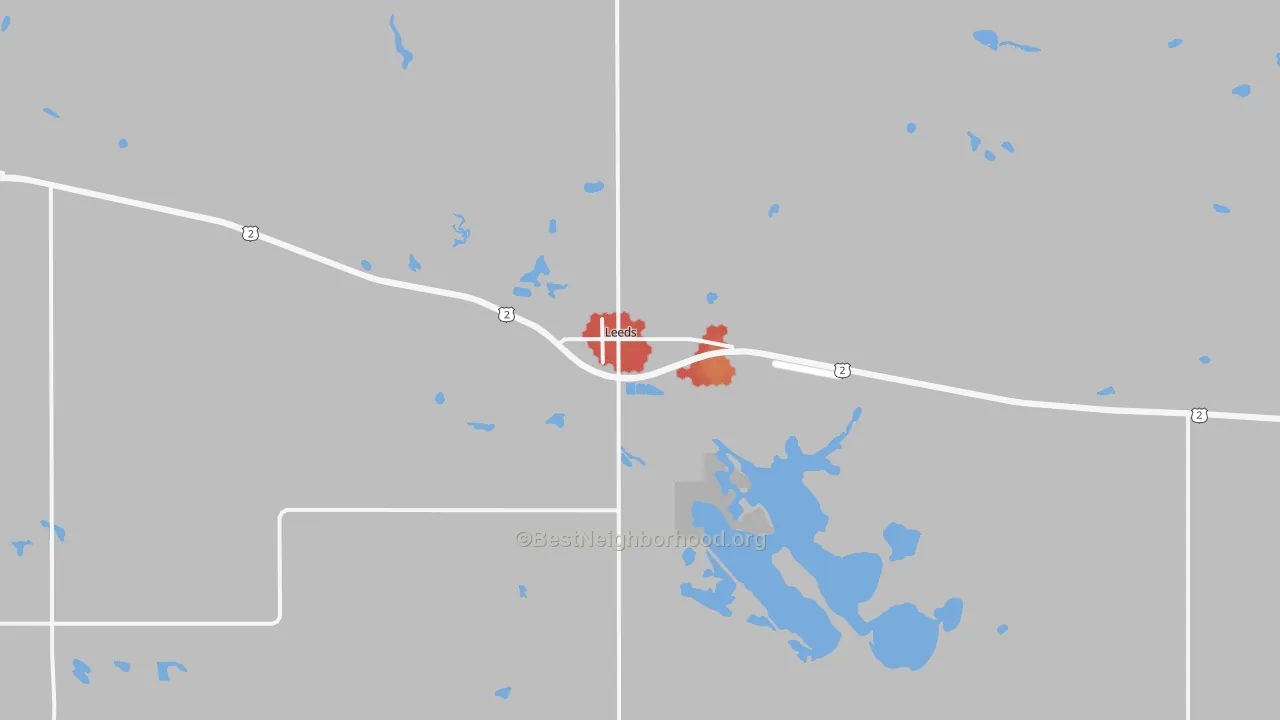 Walk Grade map of 58346, ND, walkable areas in green and car-dependent areas in red