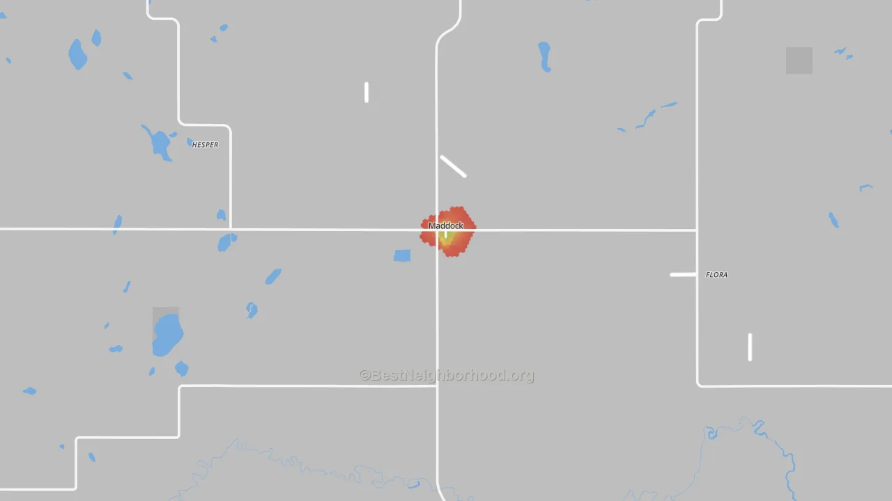 Walk Grade map of 58348, ND, walkable areas in green and car-dependent areas in red
