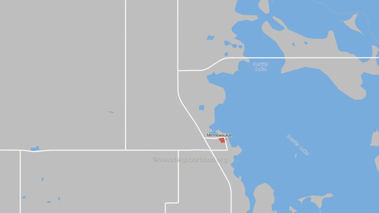 Walk Grade map of 58351, ND, walkable areas in green and car-dependent areas in red