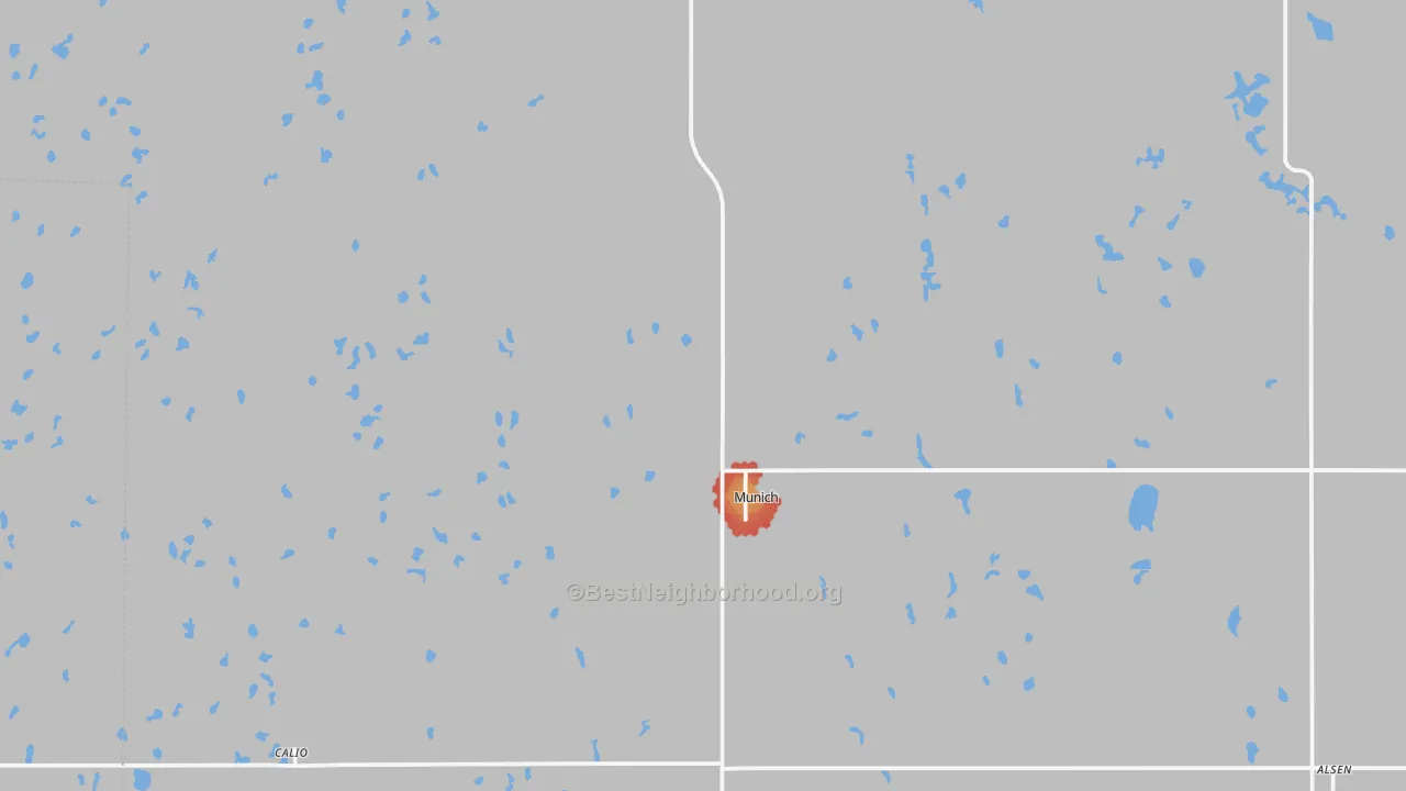Walk Grade map of 58352, ND, walkable areas in green and car-dependent areas in red