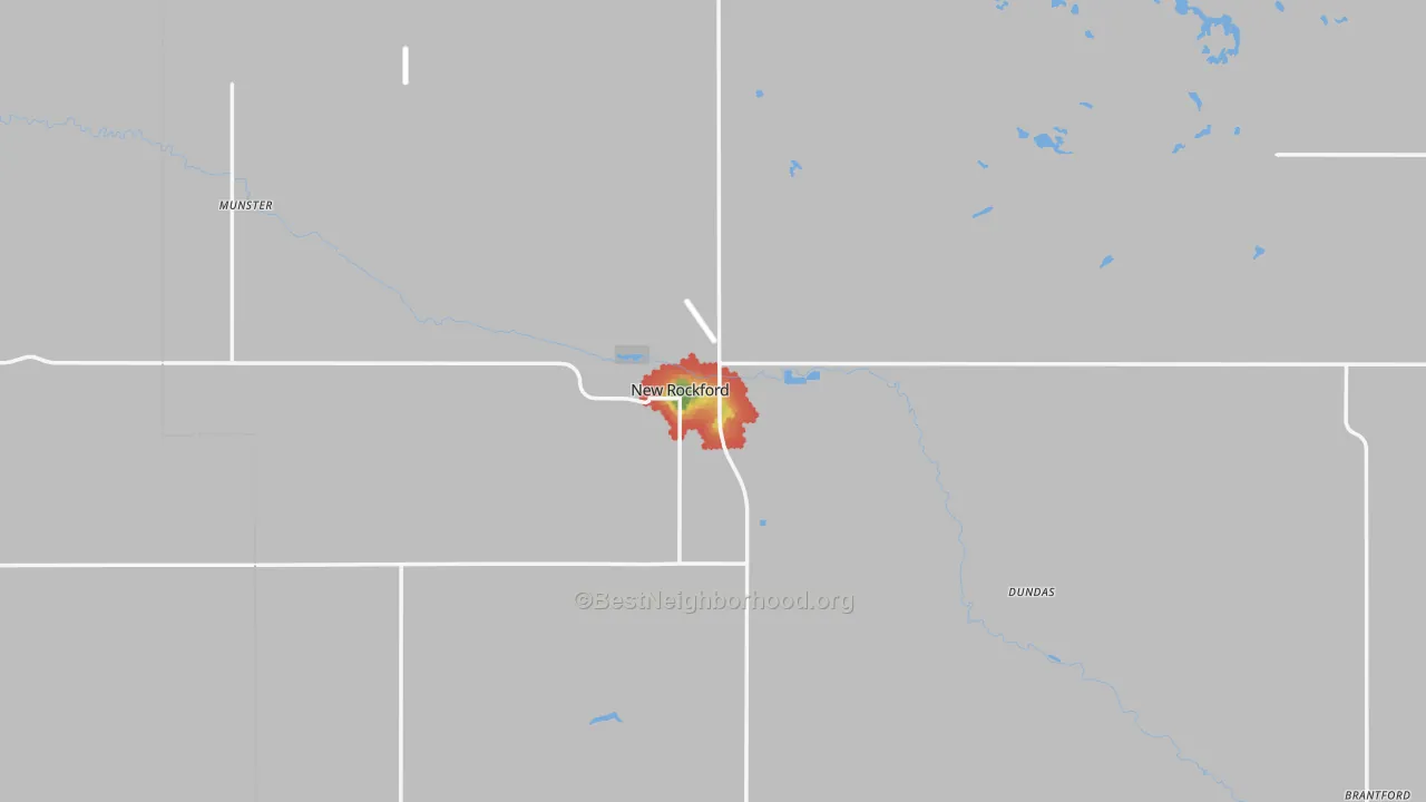 Walk Grade map of 58356, ND, walkable areas in green and car-dependent areas in red