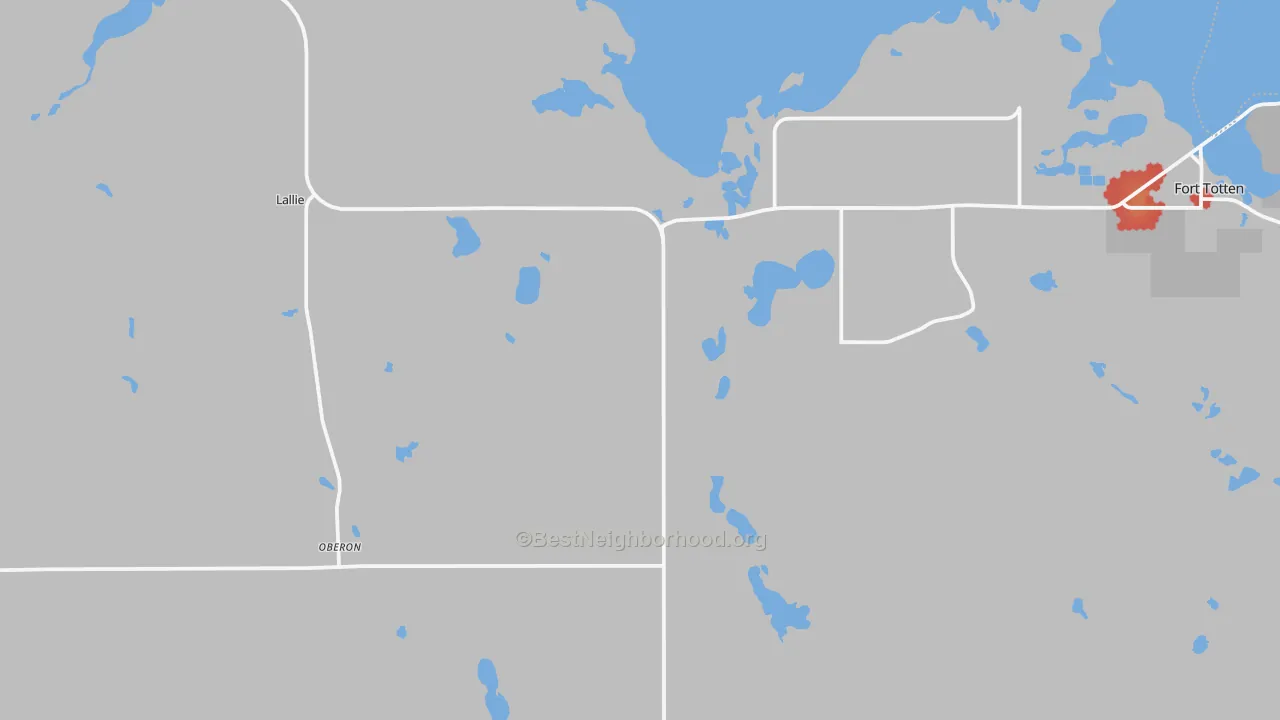 Walk Grade map of 58357, ND, walkable areas in green and car-dependent areas in red