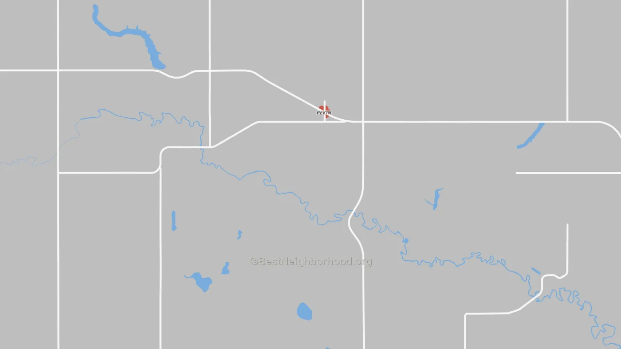 Walk Grade map of 58361, ND, walkable areas in green and car-dependent areas in red