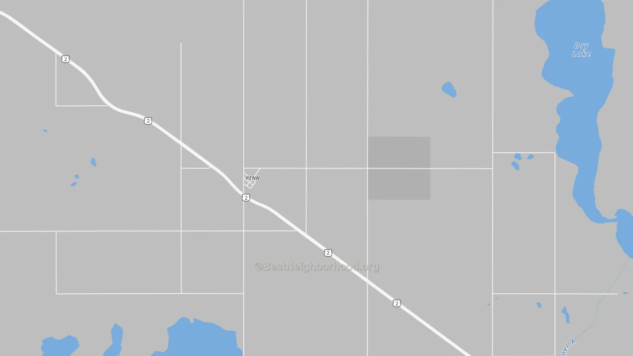 Walk Grade map of 58362, ND, walkable areas in green and car-dependent areas in red