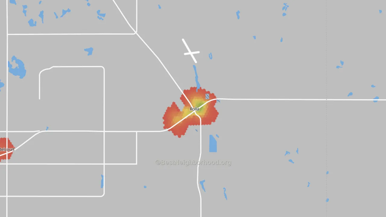Walk Grade map of 58367, ND, walkable areas in green and car-dependent areas in red