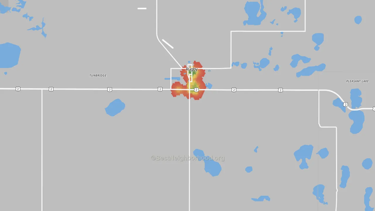 Walk Grade map of 58368, ND, walkable areas in green and car-dependent areas in red