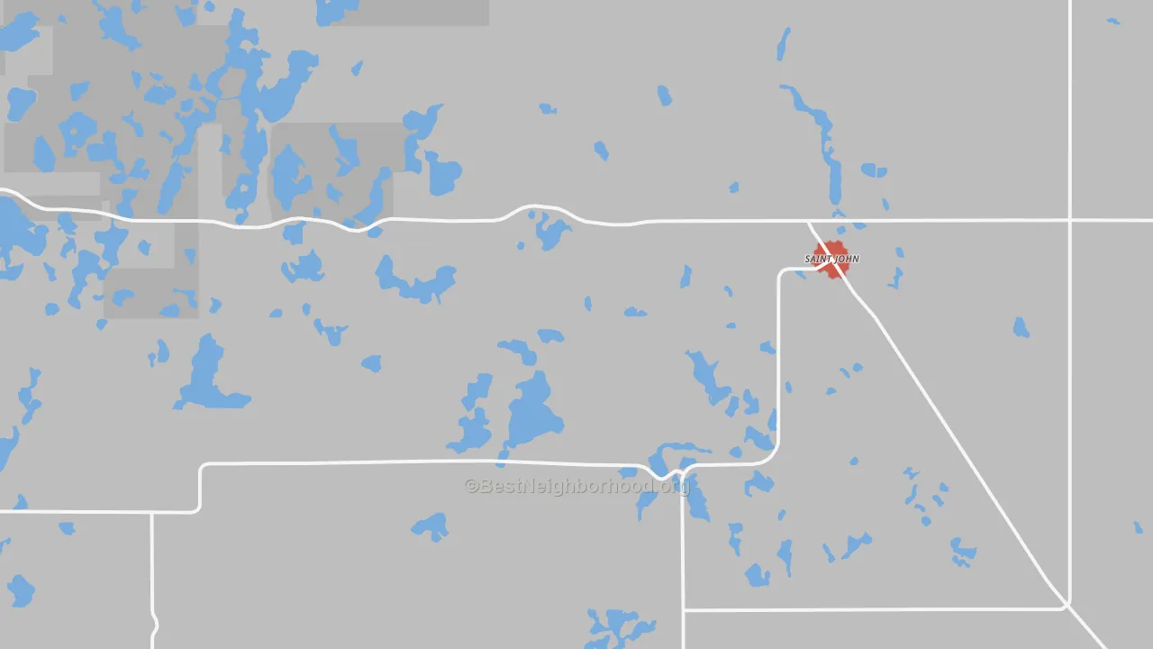 Walk Grade map of 58369, ND, walkable areas in green and car-dependent areas in red