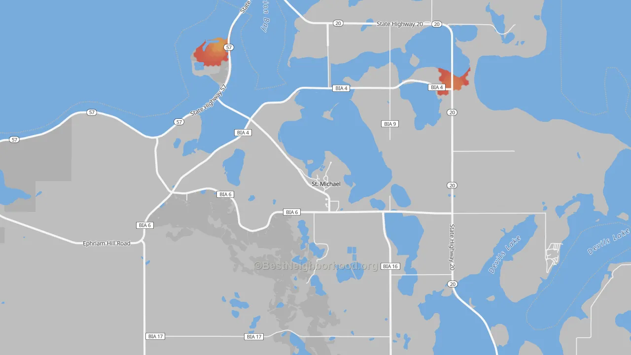 Walk Grade map of 58370, ND, walkable areas in green and car-dependent areas in red