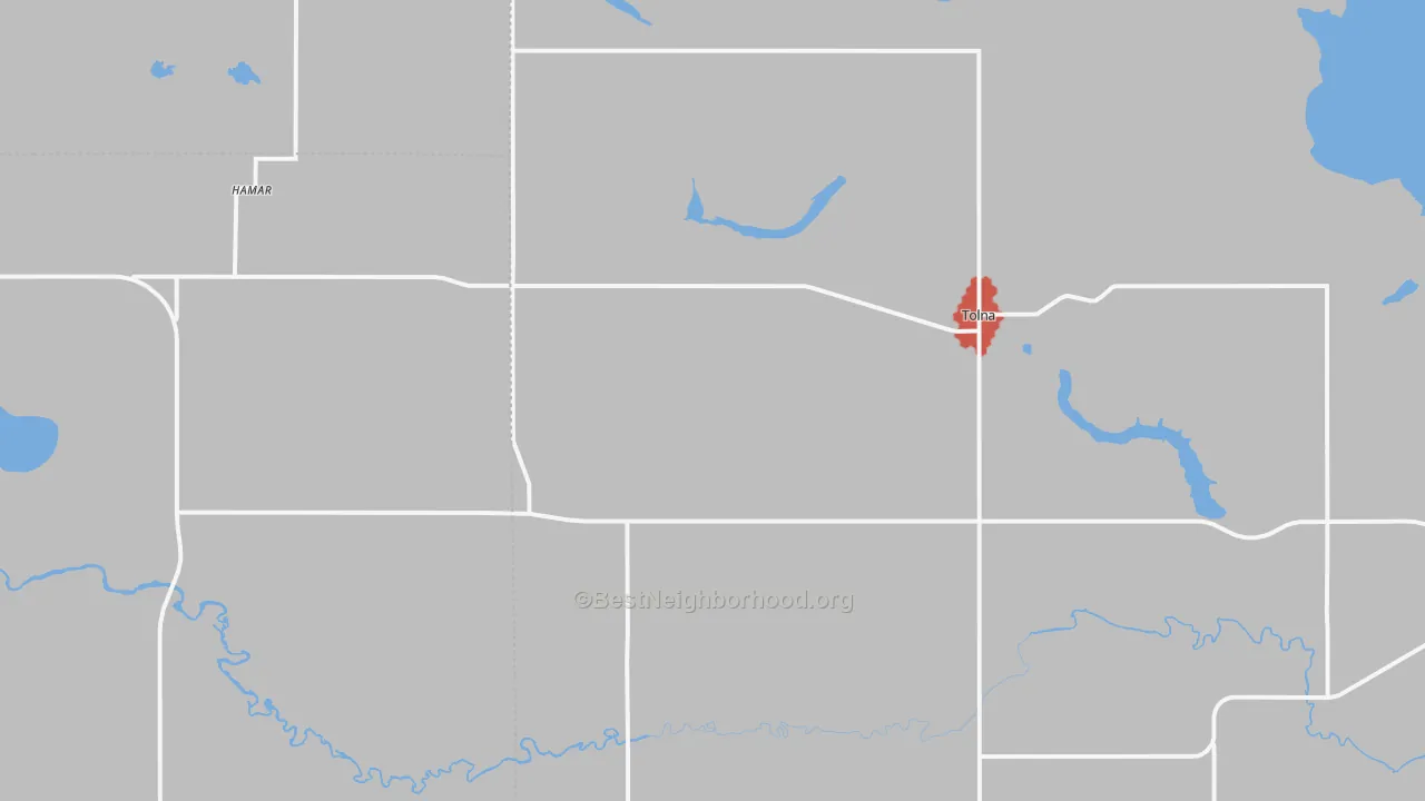 Walk Grade map of 58380, ND, walkable areas in green and car-dependent areas in red