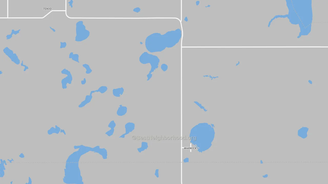 Walk Grade map of 58381, ND, walkable areas in green and car-dependent areas in red