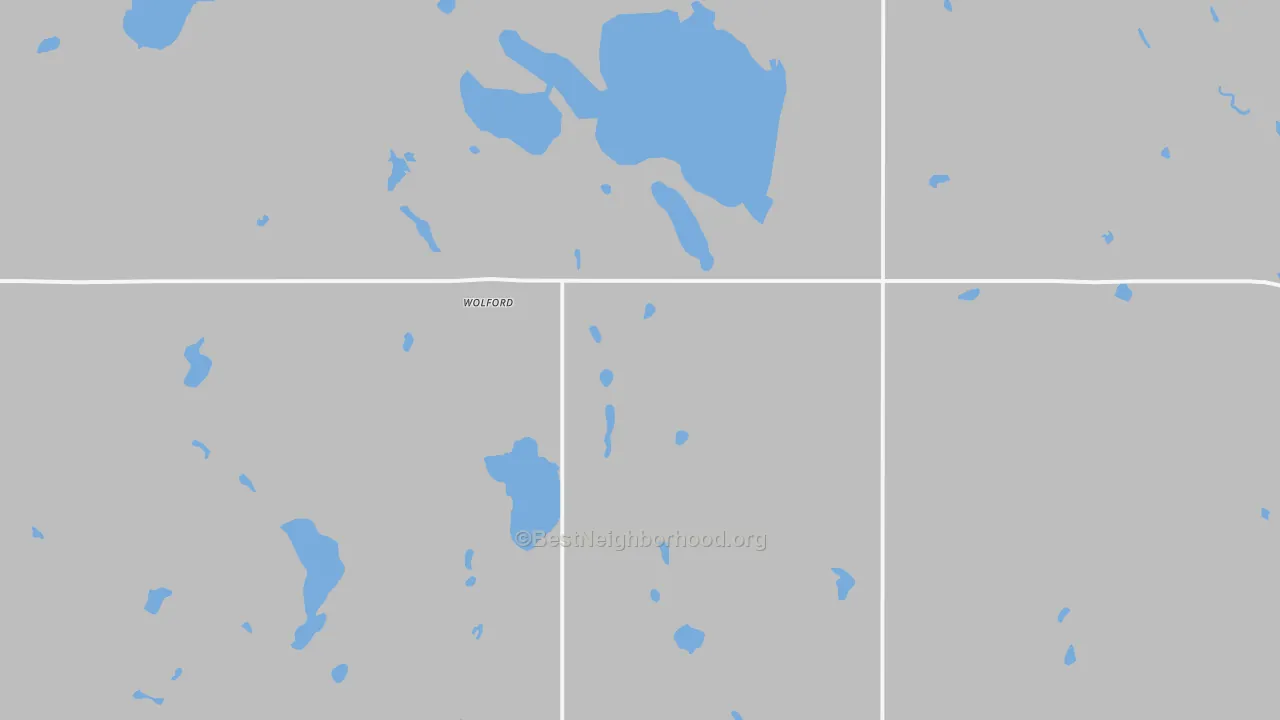 Walk Grade map of 58385, ND, walkable areas in green and car-dependent areas in red