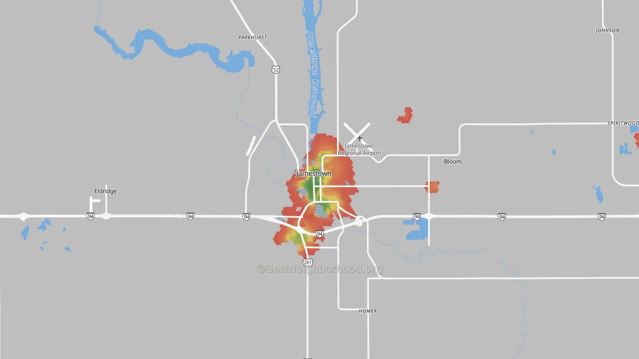 Walk Grade map of 58401, ND, walkable areas in green and car-dependent areas in red