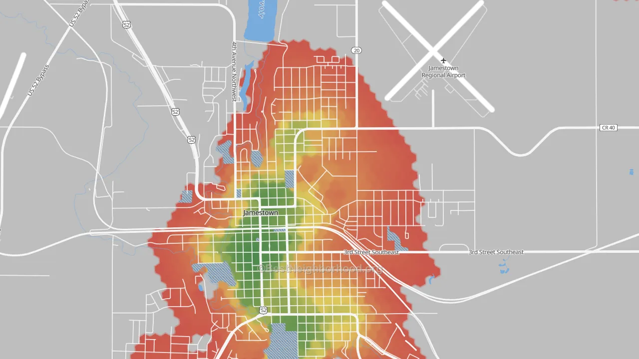 Walk Grade map of 58405, ND, walkable areas in green and car-dependent areas in red
