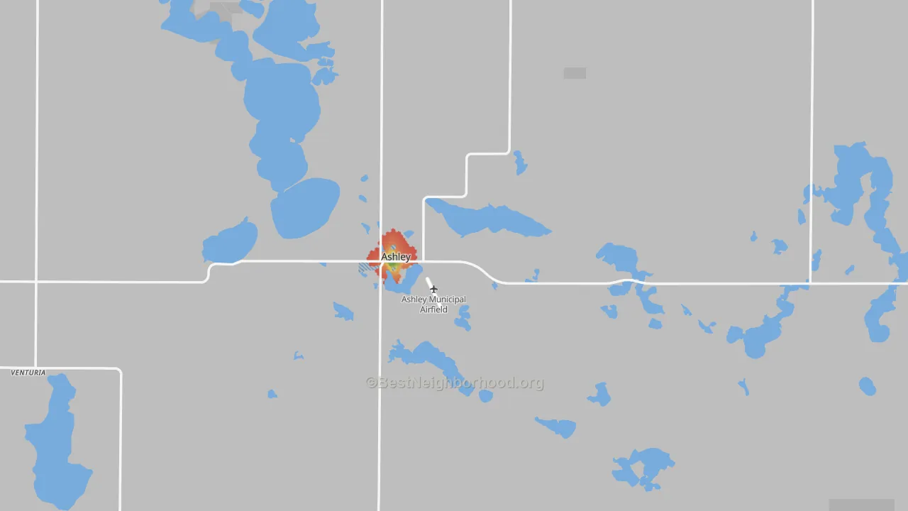 Walk Grade map of 58413, ND, walkable areas in green and car-dependent areas in red