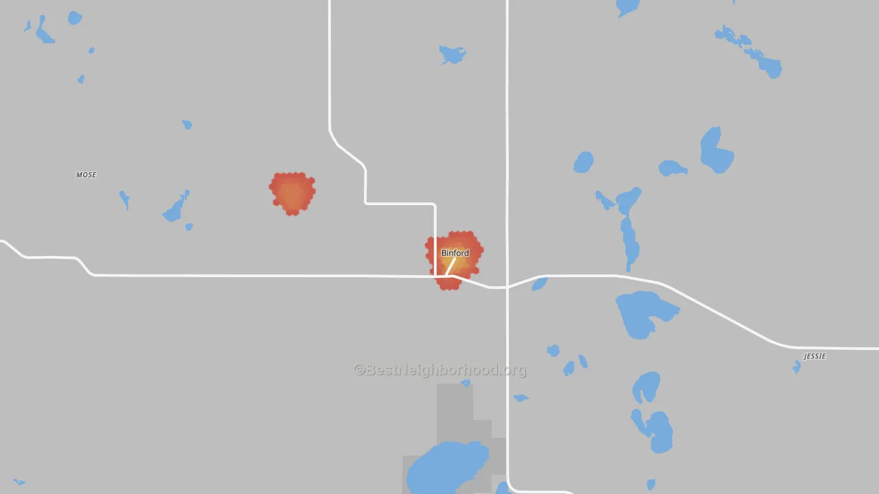 Walk Grade map of 58416, ND, walkable areas in green and car-dependent areas in red