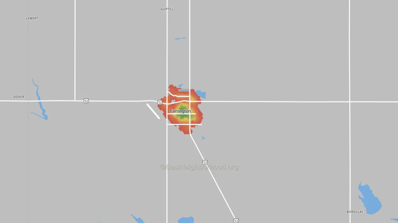 Walk Grade map of 58421, ND, walkable areas in green and car-dependent areas in red
