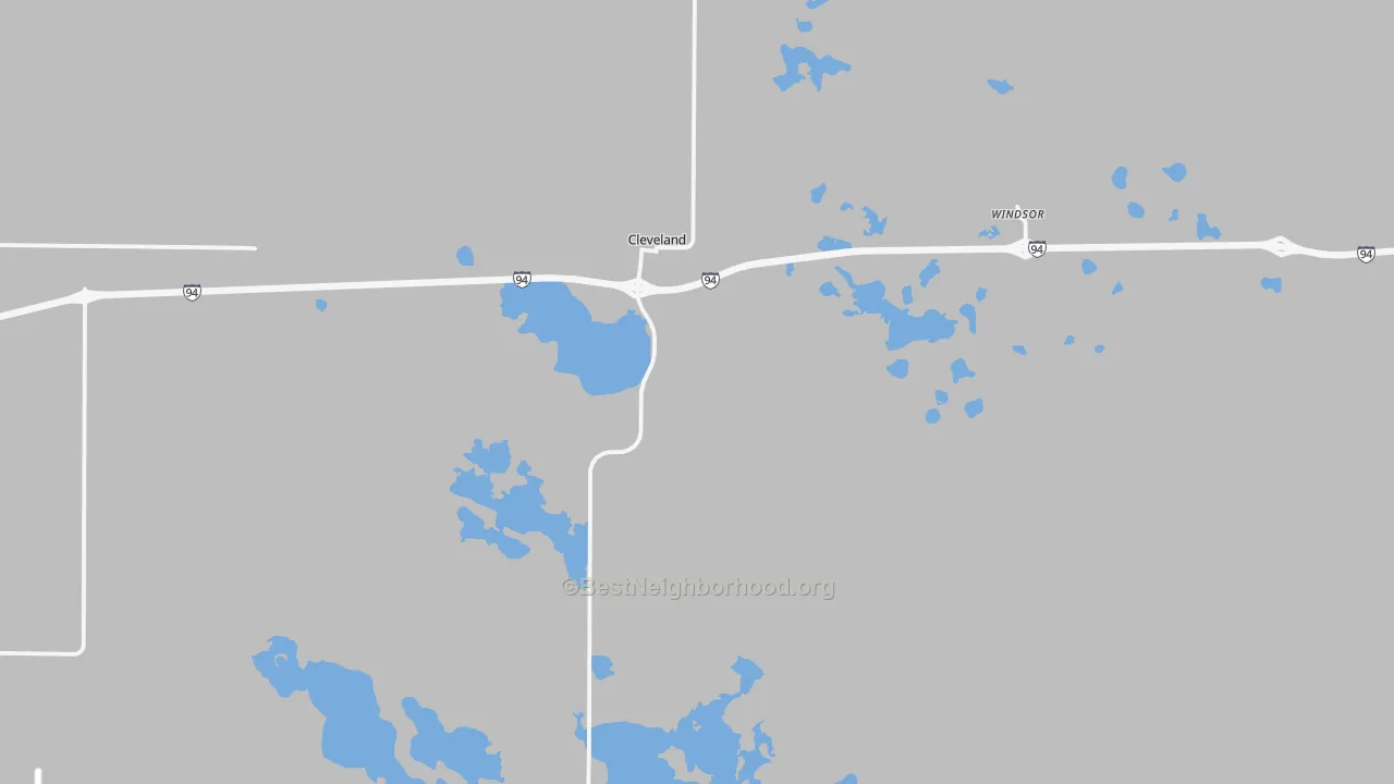 Walk Grade map of 58424, ND, walkable areas in green and car-dependent areas in red
