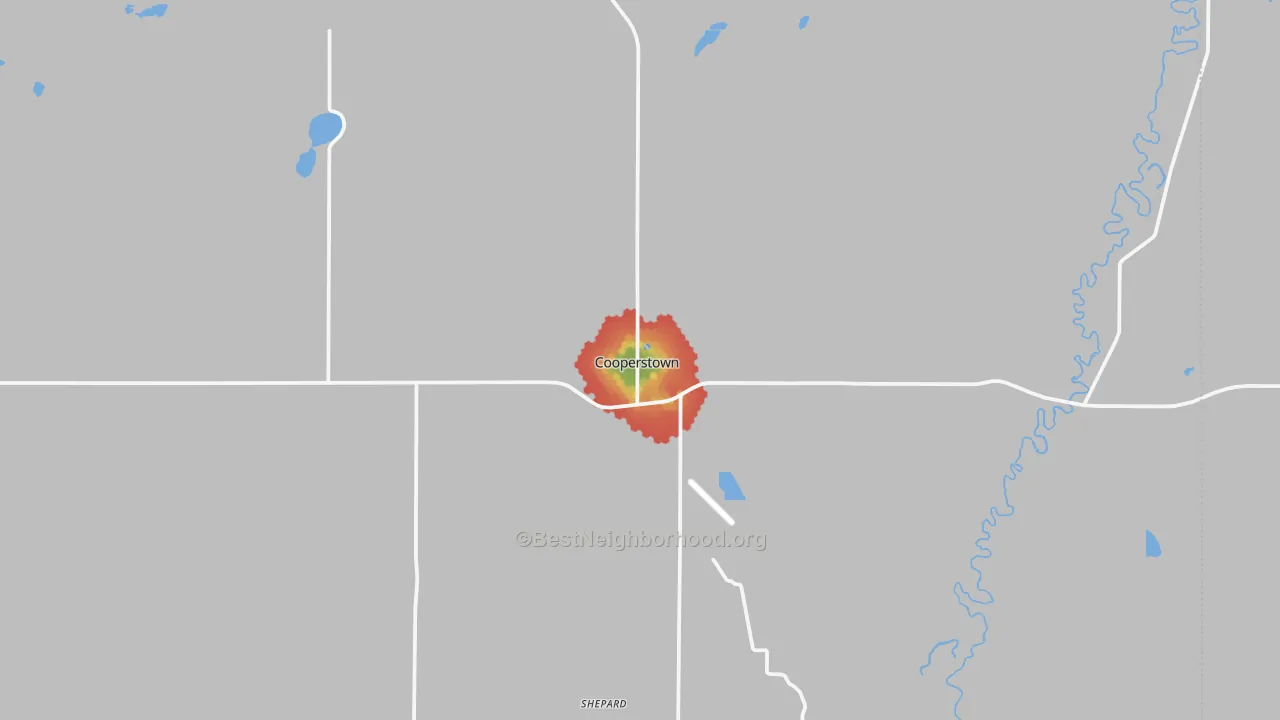 Walk Grade map of 58425, ND, walkable areas in green and car-dependent areas in red