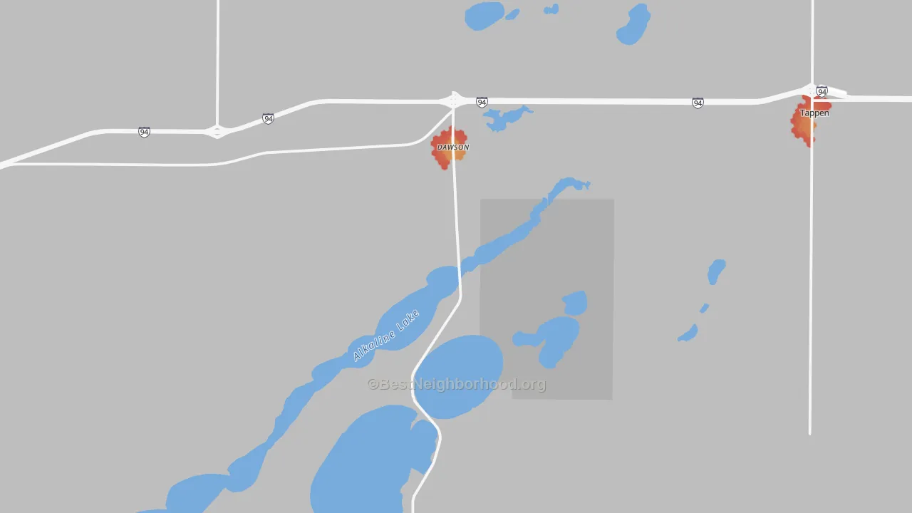 Walk Grade map of 58428, ND, walkable areas in green and car-dependent areas in red