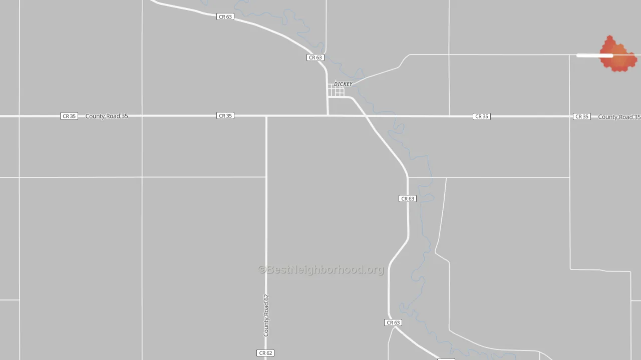 Walk Grade map of 58431, ND, walkable areas in green and car-dependent areas in red