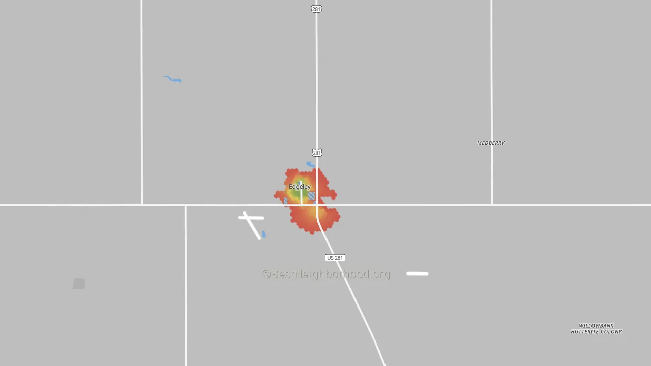 Walk Grade map of 58433, ND, walkable areas in green and car-dependent areas in red