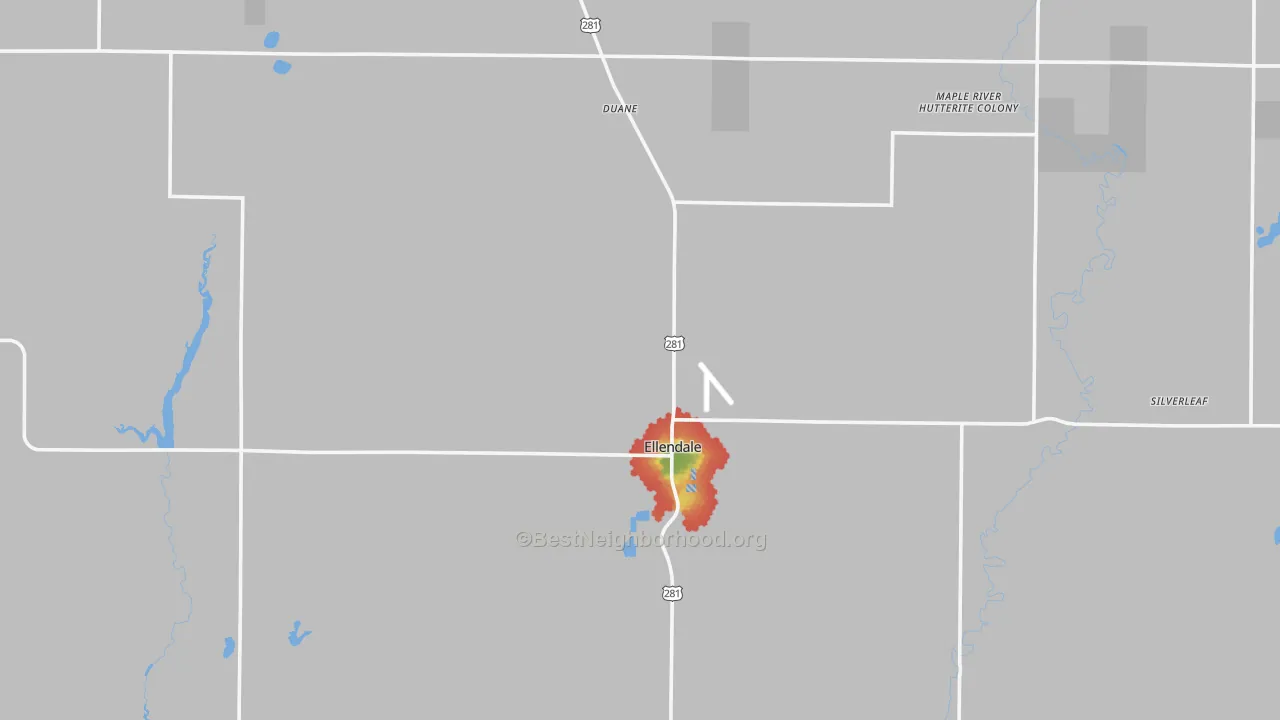 Walk Grade map of 58436, ND, walkable areas in green and car-dependent areas in red