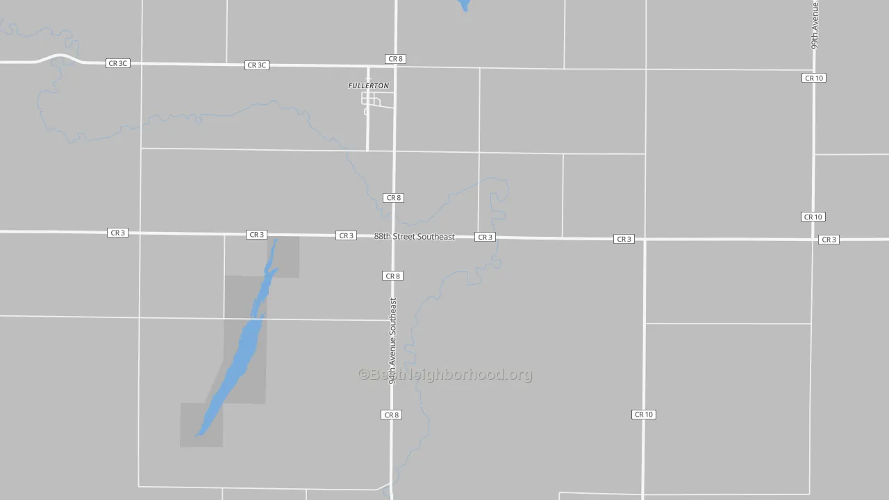 Walk Grade map of 58441, ND, walkable areas in green and car-dependent areas in red
