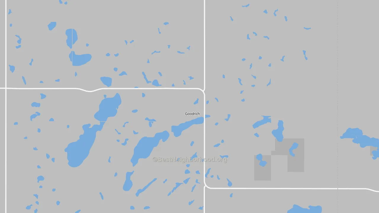 Walk Grade map of 58444, ND, walkable areas in green and car-dependent areas in red