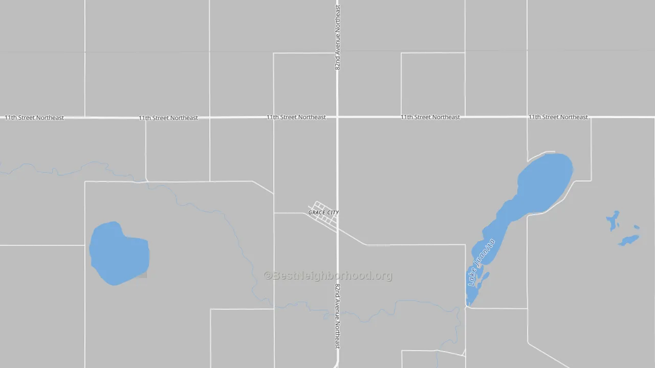 Walk Grade map of 58445, ND, walkable areas in green and car-dependent areas in red