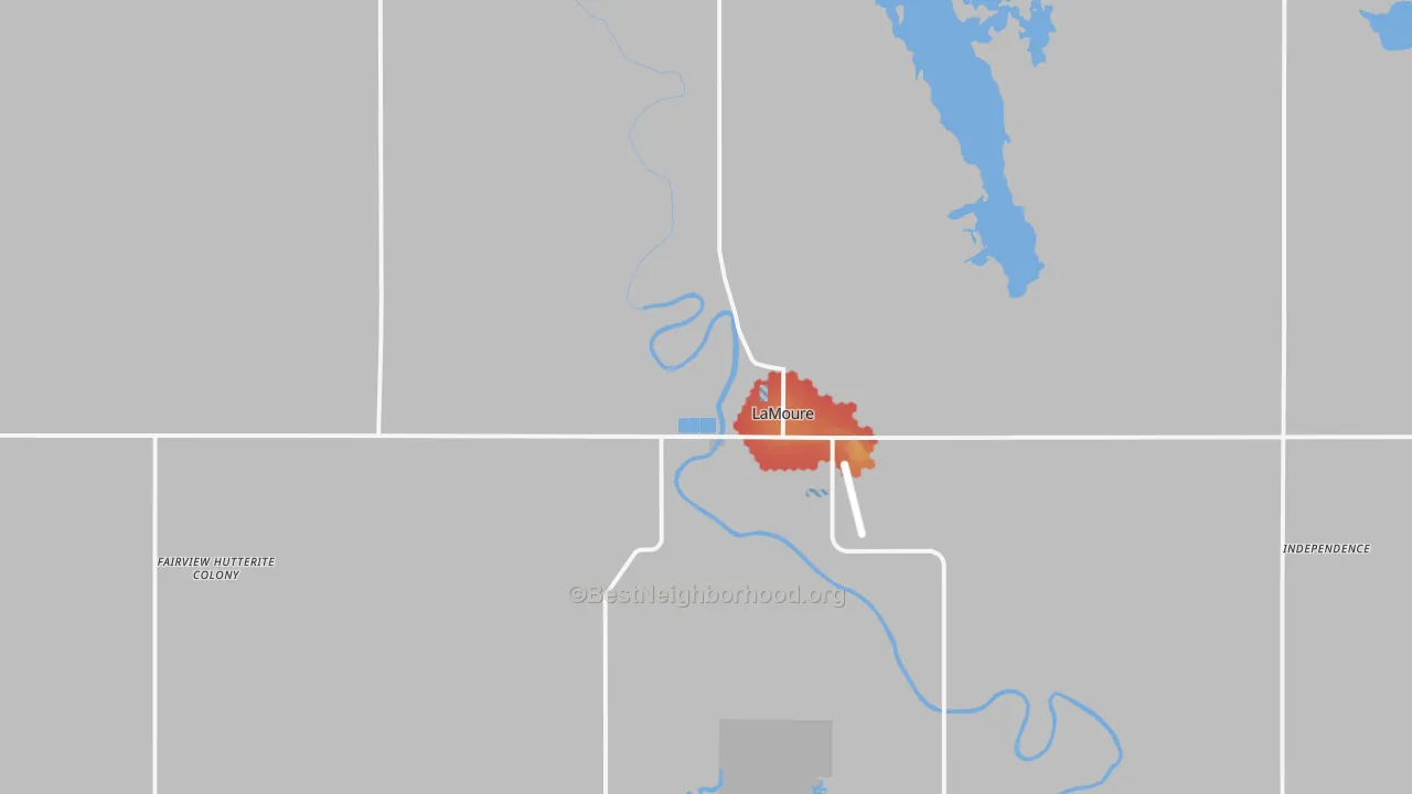 Walk Grade map of 58458, ND, walkable areas in green and car-dependent areas in red